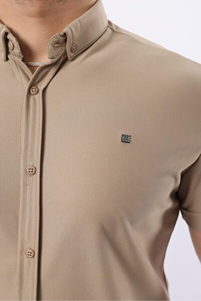 comstar Men's Short Sleeve Slim Fit Summer Basic Tight Cream Shirt