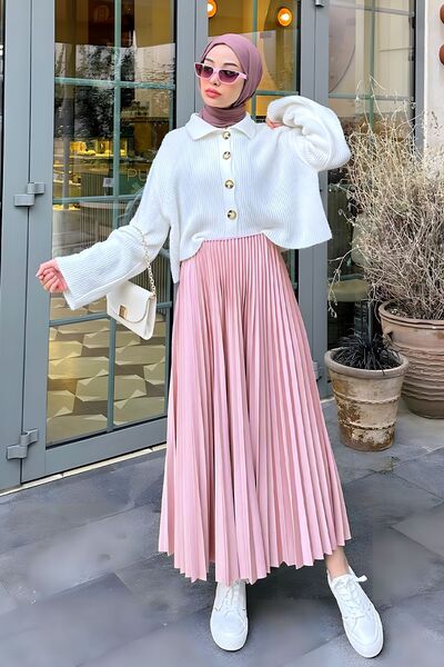 comstar Women's Basic High Waist Pleated Loose Pink Long Skirt