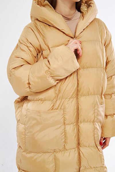 comstar Γυναικείο Μακρύ Παλτό με Μαύρη Κουκούλα Oversize Puffer