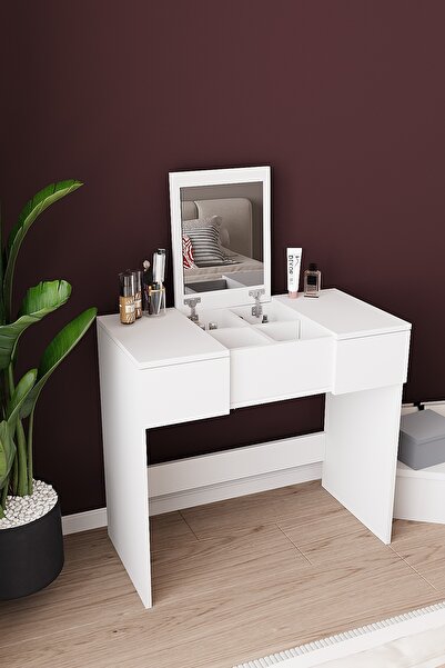 dekor fim DF02112B 2 Çekmeceli Aynalı Kapaklı Makyaj Masası Yatak Odası Modern Kozmetik Organizer Beyaz