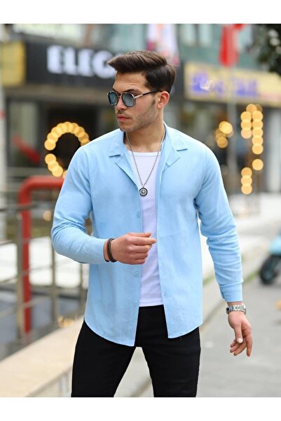 comstar Чоловіча базова двобортна сорочка з довгими рукавами та комірцем з синього льону