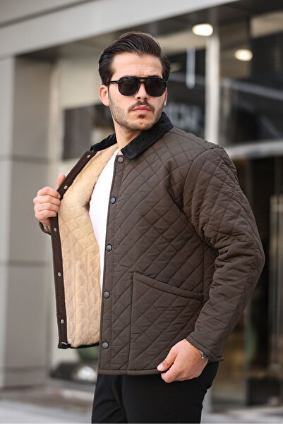 comstar Чоловічий кашеміровий пальто з хутром на комірі, кавовий колір, стьобаний