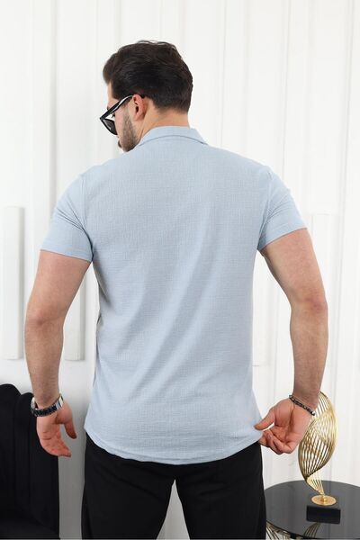 comstar Ανδρικό κοντομάνικο μπλε λινό πουκάμισο με μοτίβο