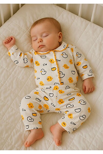 anne dokunuşu gibi KUZUM BEBE 2’li Fitilli Kumaş Civciv Desenli Kız Erkek Bebek Çocuk Alt Üst Pijama Takımı