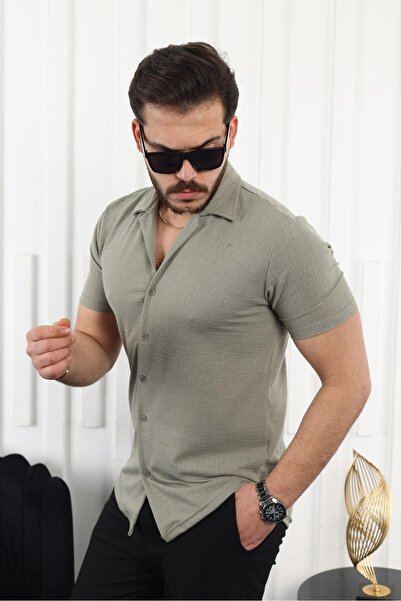 comstar Чоловіча сорочка з коротким рукавом із зеленого льону з візерунком