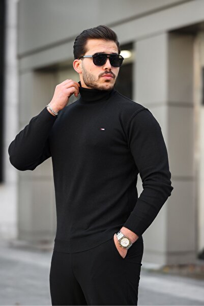 comstar Чоловічий трендовий светр з рибальським коміром, чорний трикотажний светр