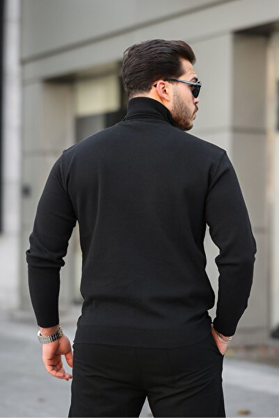 comstar Pulover de tricotaj negru cu gât țesut pentru bărbați