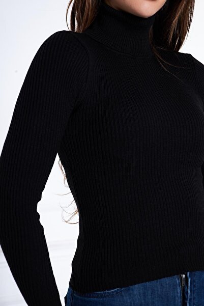 comstar Pulover cu guler negru cu coaste casual pentru damă