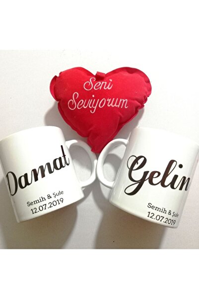 E-Hediyeci Kişiye Özel Gelin Damat Temalı Yastıklı Ikili Kupa Seti