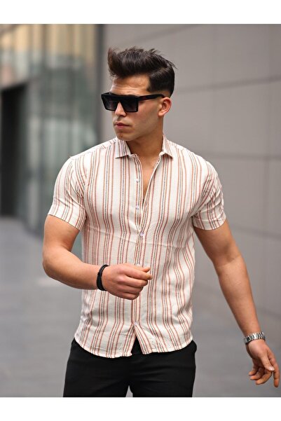 WOWA COMPANY Pánska pruhovaná letná priliehavá krémová ľanová košeľa s krátky...