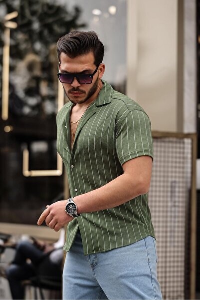 comstar Men's Trend Summer Short Sleeve Striped Green Shirt