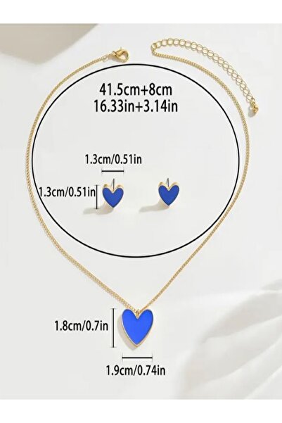 Alyas Aksesuar Minimalist Heart Necklace Earring Set Blue
