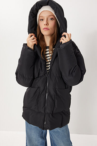 Lovelyİstanbul Palton negru oversize puf - cu glugă Lnt0002