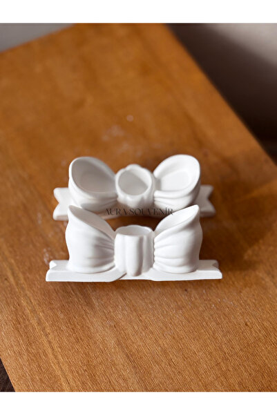 Aura Souvenir Fiyonk Desenli 2'li Beyaz Taş Şamdan Altlığı