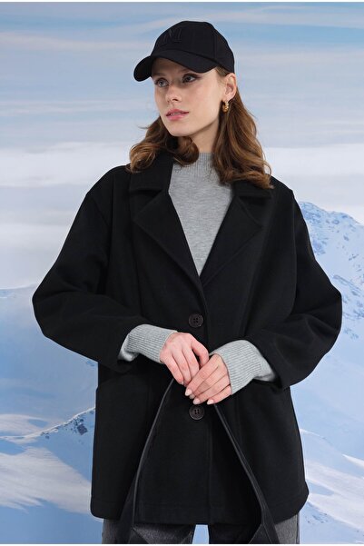 HEQA Geniş Yaka Kaşe Kaban Siyah