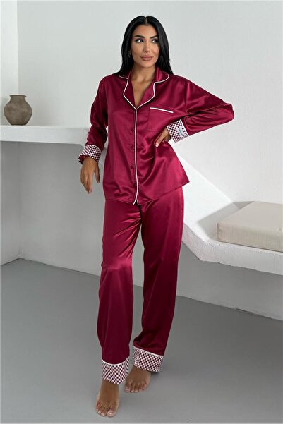 COCCOLARSI Liscio e Quadri Bordo Saten Uzun Pijama Takımı