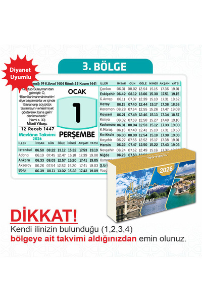 Mevlana Yapraklı Blok Duvar Takvimi 3. Bölge 2026