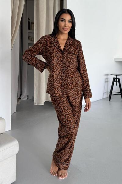 COCCOLARSI Leopar Selvaggio Kahverengi Uzun Pijama Takımı