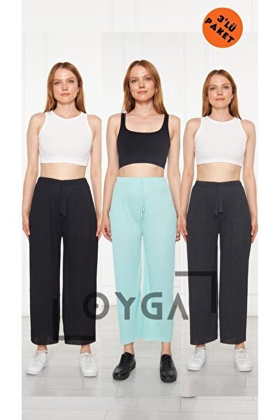 Oyga 3-Piece Black-turquoise-anthracite Women's Ribbed Report Pants & Sweatpants, Casual Home Wear Pajamas