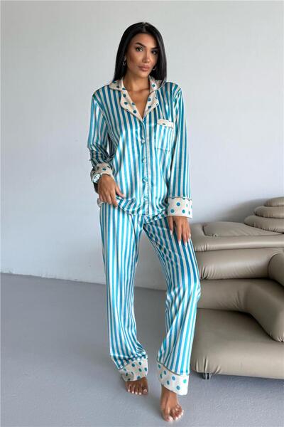 COCCOLARSI Mix Retrò Bej Mavi Kadife Uzun Pijama Takımı