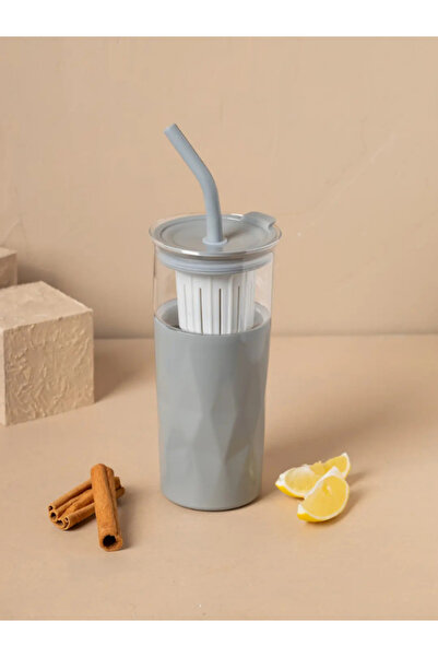 Tohana H2O 5 in 1 Glass Detox Mug with Steel Straw and Cleaner Gift 650 ml Gray