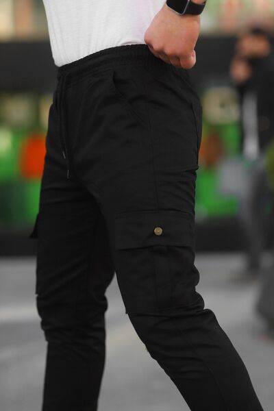 comstar Men's Elastic Waist Flexible Cargo Pocket Black Jogger Trousers