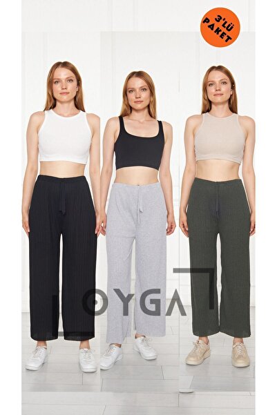 Oyga 3 τμχ Μαύρο - Γκρι - Χακί Γυναικείο Παντελόνι & Φούτερ, Casual Home Wear Πυτζάμες