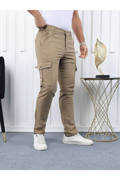 comstar Men's High Waist Cargo Pocket Stretchy Tight Coffee Pants