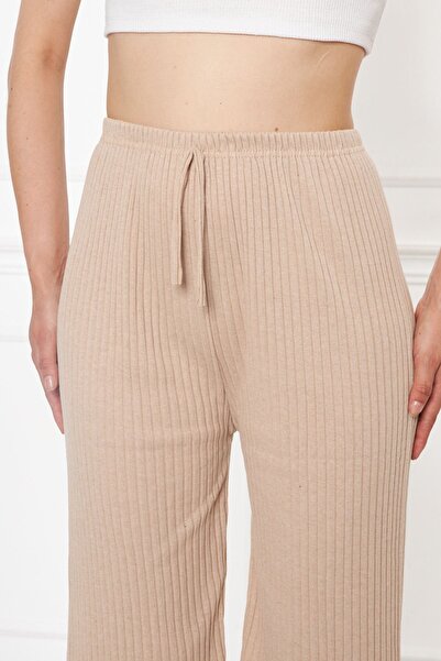 Oyga Women's Cream Ribbed Report Trousers & Tracksuits, Casual Home Wear Pajamas