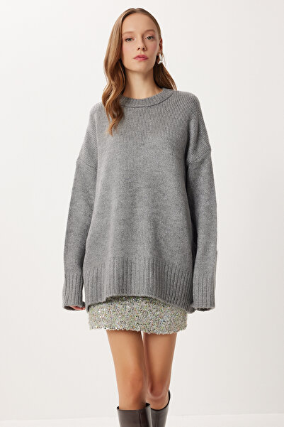 Lovelyİstanbul Pulover oversize din tricotaje moi - GRI LPF0063
