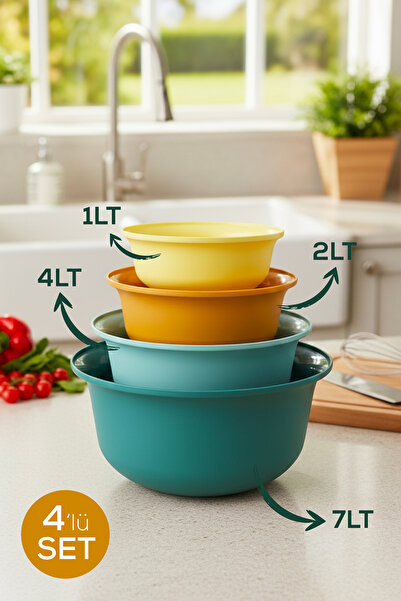Vienev 4'lü Renkli Karıştırma Kabı Seti | 7 lt, 4 lt, 2 lt, 1 lt