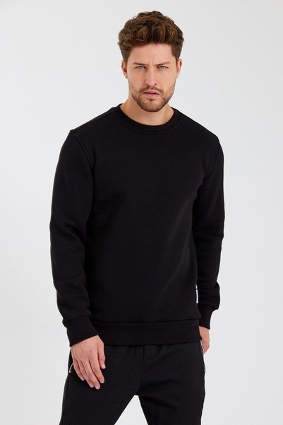 CLIPMAN Erkek Slim Fit Bisiklet Yaka 2'li Paket Sade Baskısız 3 Iplik Sweatshirt Siyah Gri