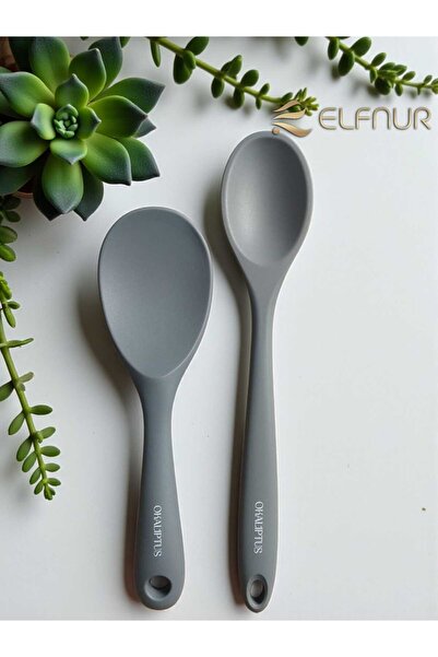 elfnur Sert Uçlu Isıya Dayanıklı Yanmaz Yapışmaz Silikon Uzun Kaşık 28 Cm Kısa Kaşık 22 Cm / 2 Adet