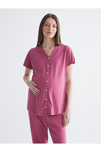 LC Waikiki Lcw Dream Burgundy V-Neck Patterned Maternity Pajama Set