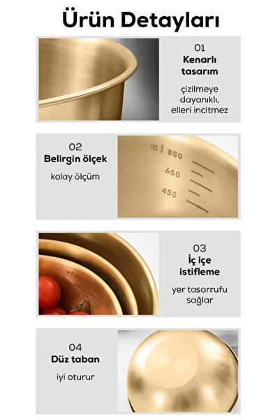 MUJGAN 3’lü Gold Paslanmaz Çelik Karıştırma ve Salata Kase Seti