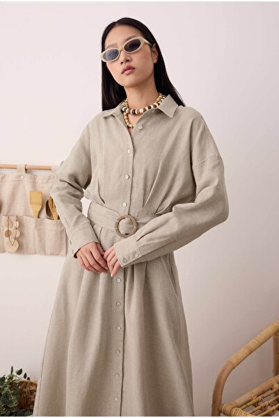 HEQA Keten Uzun Pileli Elbise