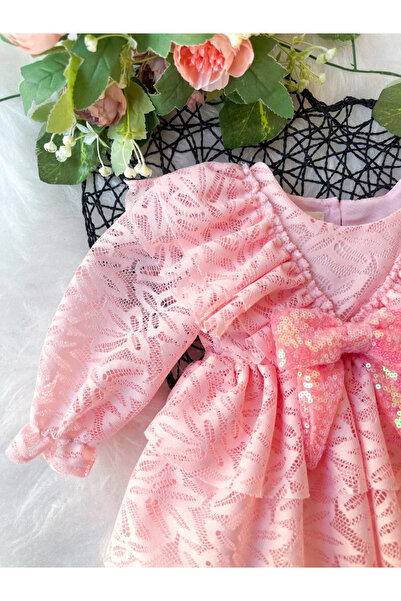 aysskids LOLA Kız Bebek Pembe Dantel Detaylı Uzun Kollu Özel Gün Bayramlık Abiye Elbise