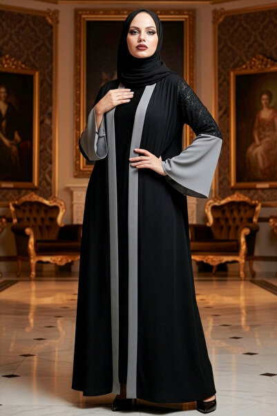 Neva Style - Γκρι Hijab Abaya με Λεπτομέρεια Μανικιών 55510γρ