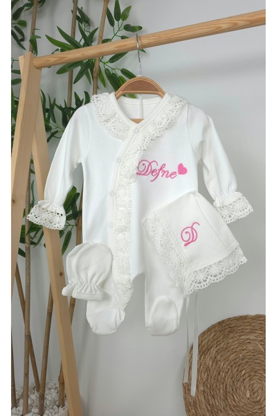 gros shop Yeni Doğan %100 Pamuk Dantelli Hastene Çıkış Tulum Seti (KİŞİYE ÖZG...