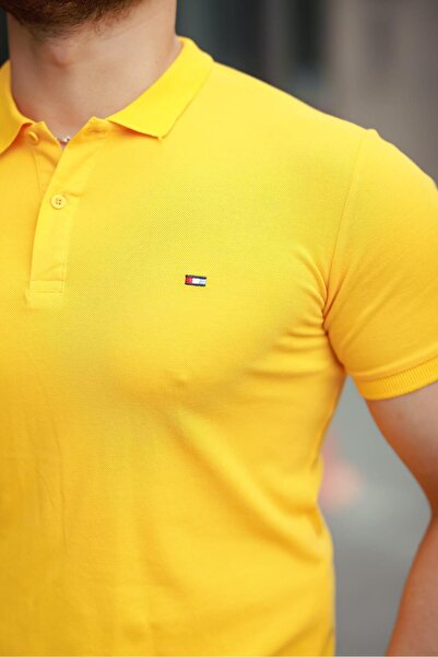comstar Men's Short Sleeve Tight Yellow Non-Curling Polo Neck T-Shirt