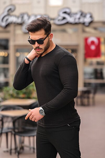 comstar Erkek Bisiklet Yaka Jakar Mevsimlik Dar Siyah Sweat