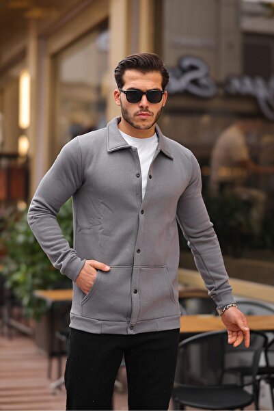 comstar Чоловічий светр з кишенями, з утепленням всередині, поло-коміром і широкими рукавами, колір темного сірого.