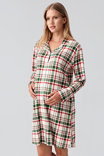 Artış Thermal Long Sleeve Button down Plaid Print Stretchy Soft Textured Nightgown