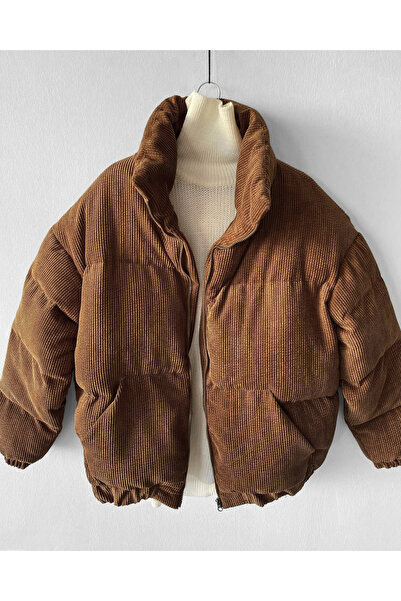 NO1 KONSEPT Καφέ ζιβάγκο βελούδινο κοτλέ φουσκωτό παλτό