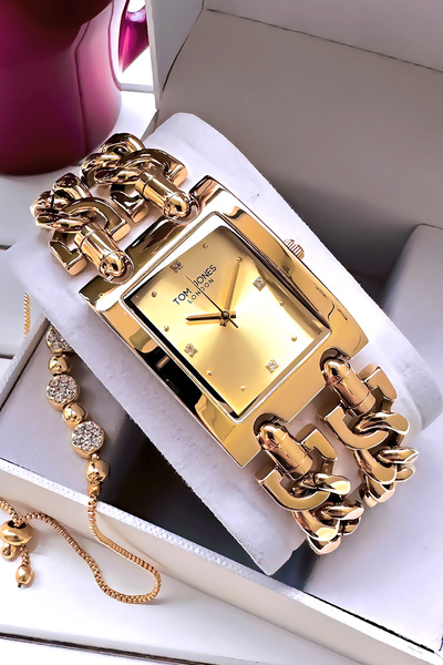 Tom Jones سوار ساعة يد نسائي من الفولاذ الذهبي هدية Wlg867