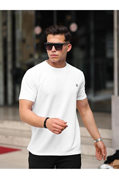 comstar Men's Waffle Fabric Crew Neck Summer White T-Shirt