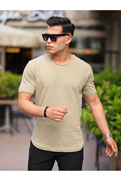comstar Men's Basic Wide Collar Casual Summer Loose Cream T-Shirt