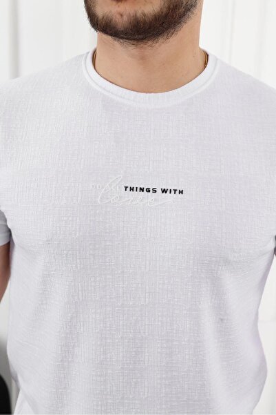 comstar Men's Patterned Print Tight Short Sleeve Basic White T-Shirt