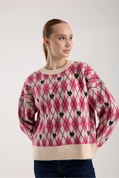İLKCET MODA Heart Detail Diamond Pattern Knitwear Sweater