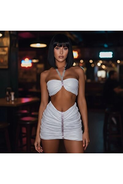 AFİTAP Stretchy Fabric with Shiny Lycra Stones Silvery Double Suit